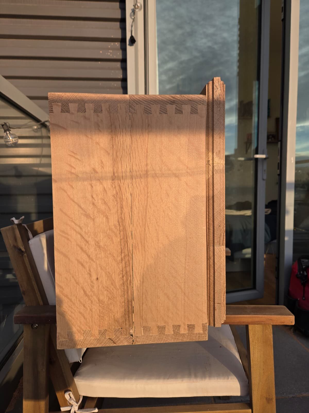 Close-up of hand-cut dovetail joint detail