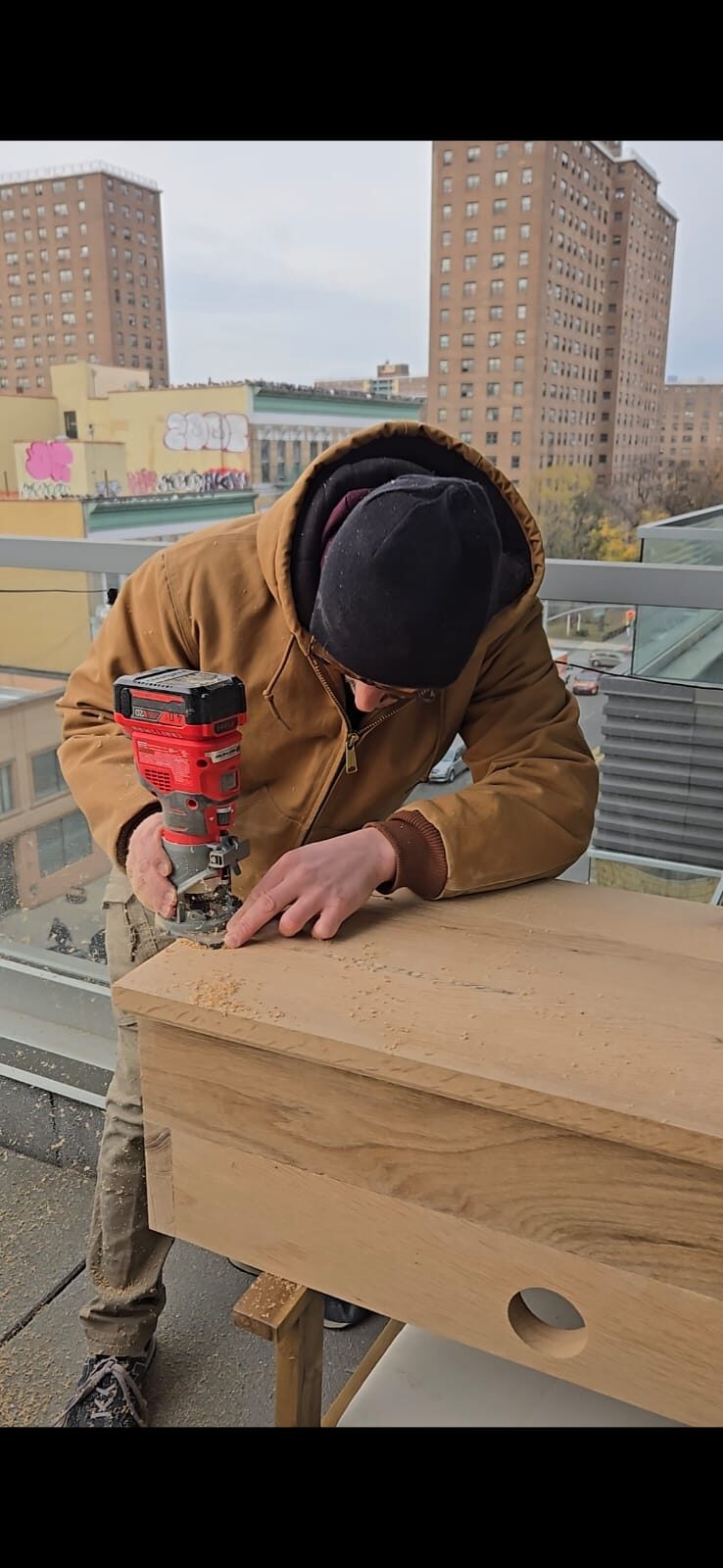 Routing an oak console on a Brooklyn rooftop